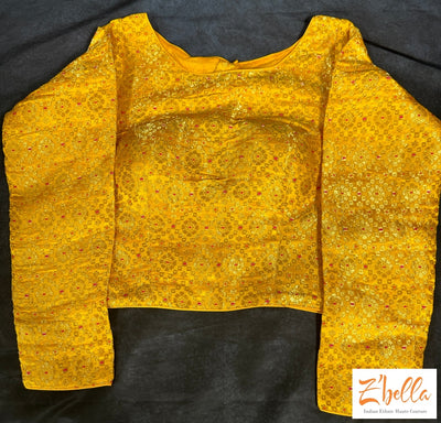 Yellow Brocade Crop Top With Full Sleeves Blouse