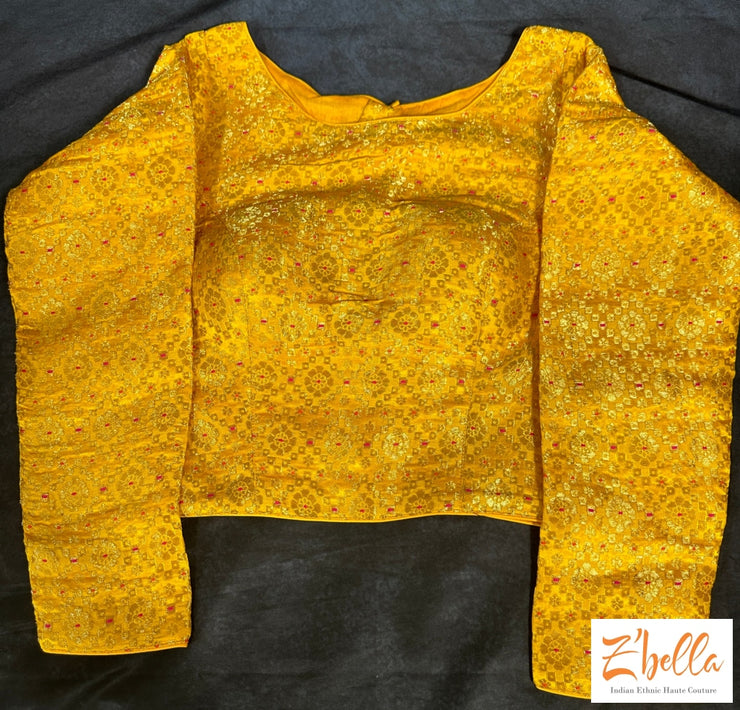 Yellow Brocade Crop Top With Full Sleeves Blouse