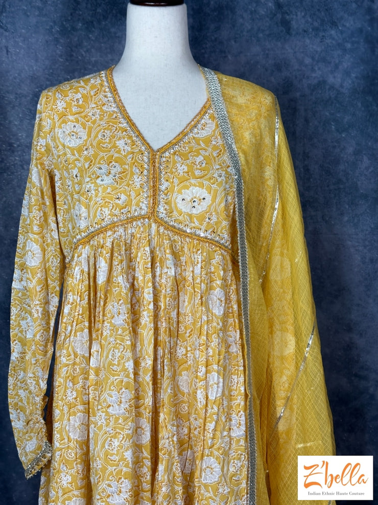 Yellow Cotton Full Length Kurti With Duppatta Kurti Set