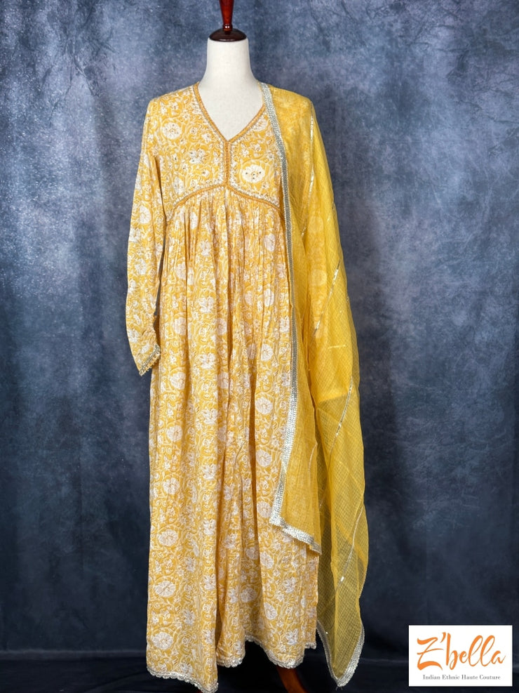 Yellow Cotton Full Length Kurti With Duppatta Kurti Set