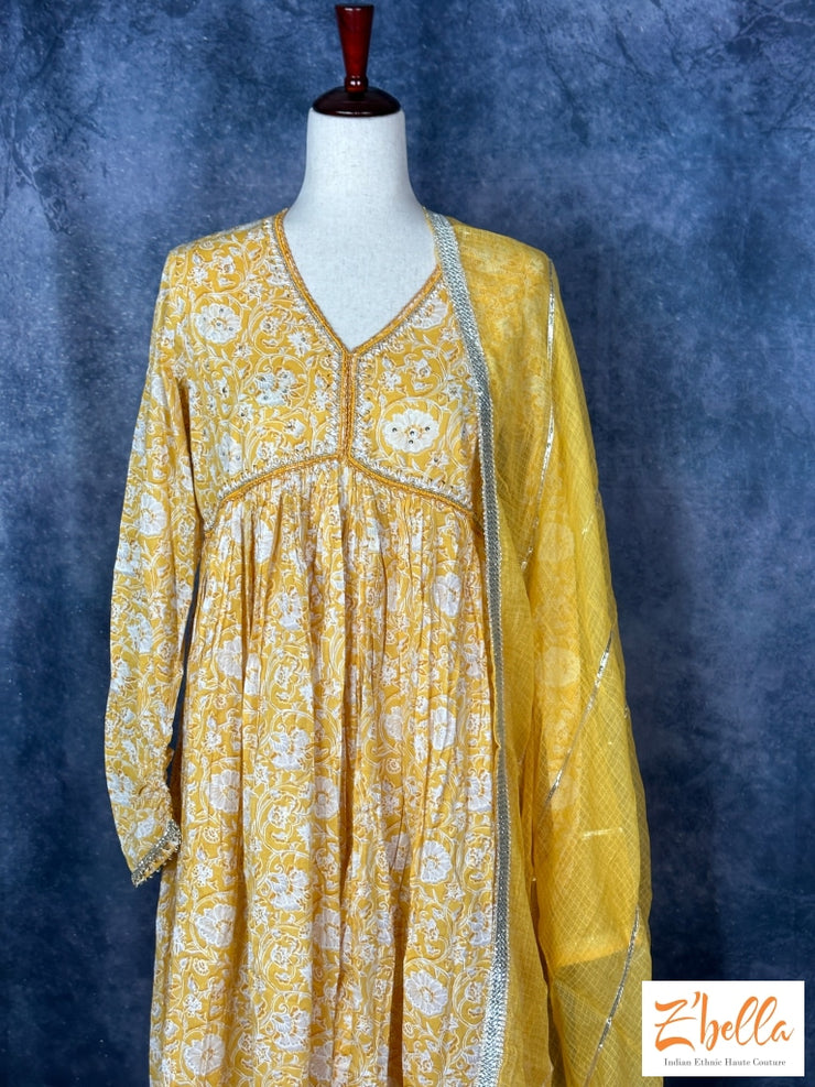 Yellow Cotton Full Length Kurti With Duppatta Kurti Set