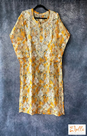 Yellow Floral Chikankari Kurti In Kota Silk - Size 40 Kurti