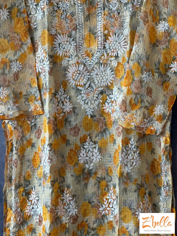 Yellow Floral Chikankari Kurti In Kota Silk - Size 40 Kurti