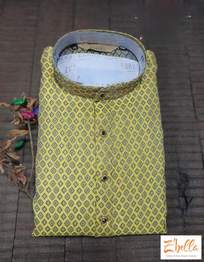 Yellow Jacquard Kurta With Off White Bottom Kurta Set