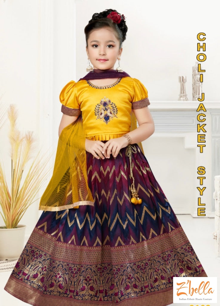 Yellow Silk Top With Wine Red Banarsi Skirt - 3 4 Yr Girl Kids Set