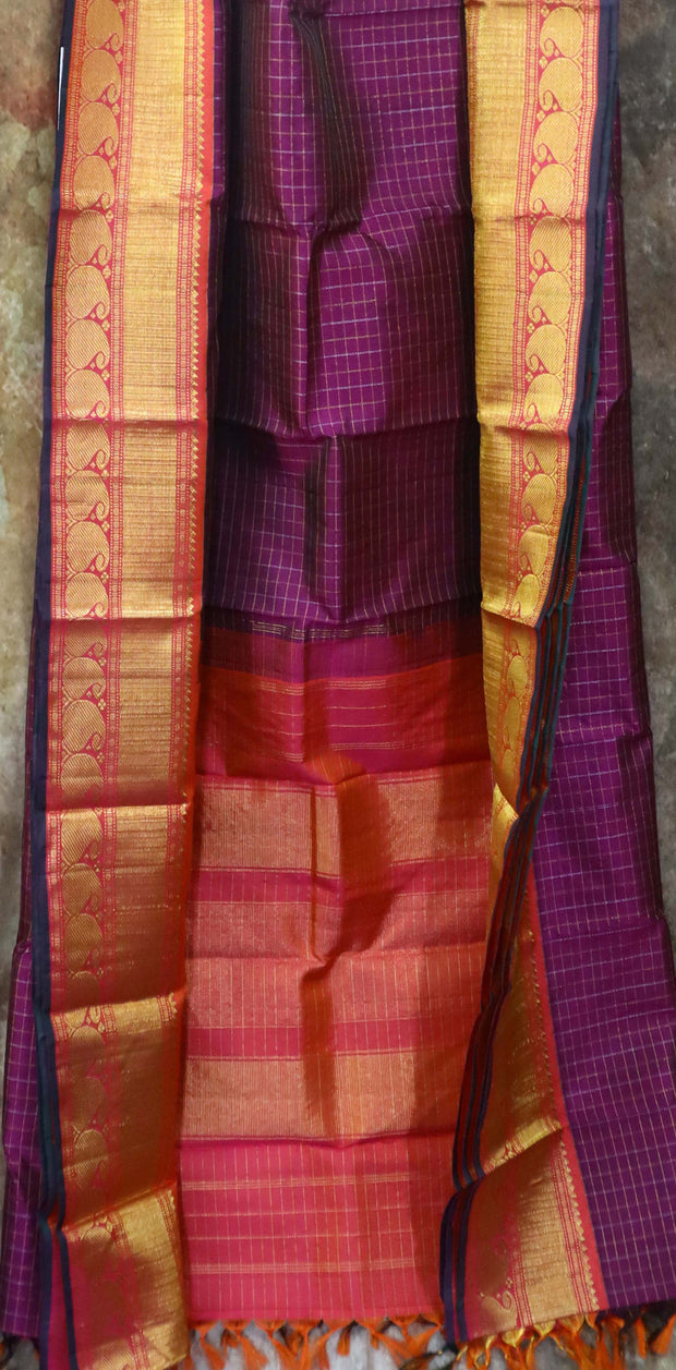 Purple and PInk combination kanchipuram silk hand woven saree with stitched blouse
