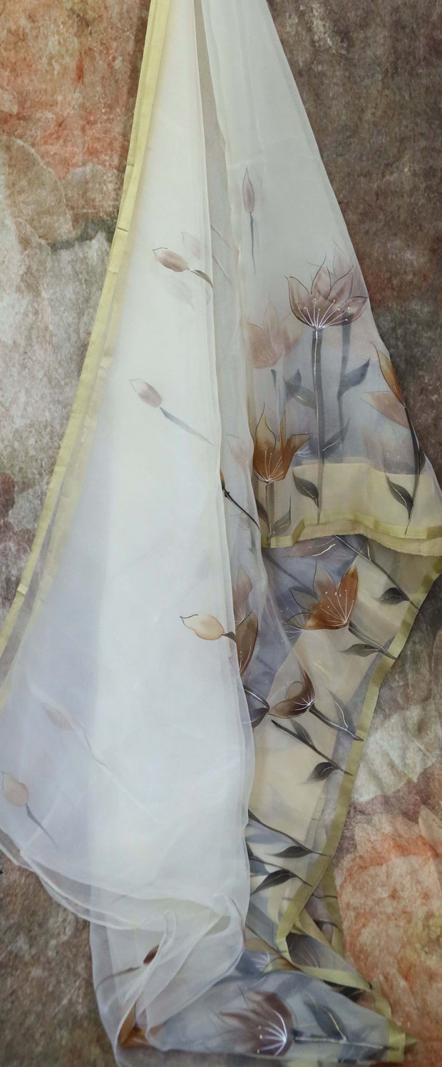 Hand painted off white  organza saree