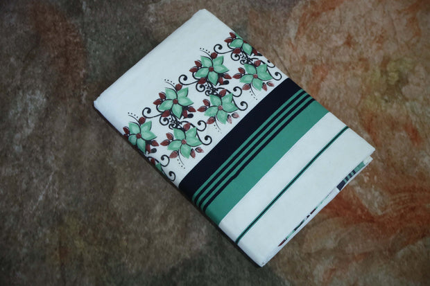 Set saree with Black and green border with floral print