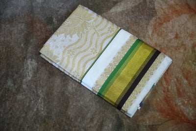 Set saree with coffee brown green and gold border - Damaged (slight discoloration)