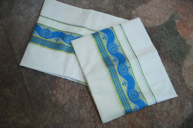 Set mundu with light blue waeved pallu border