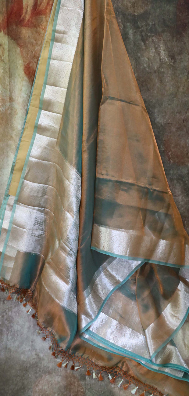 Green and blue double shade tissue saree with banarsi border, with stitched blouse
