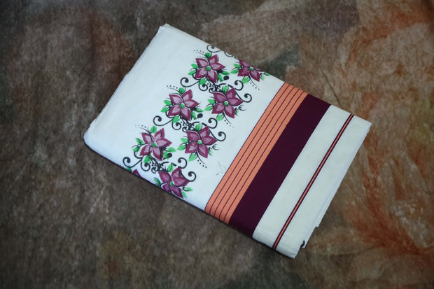 Set saree with maroon and peach border with floral print