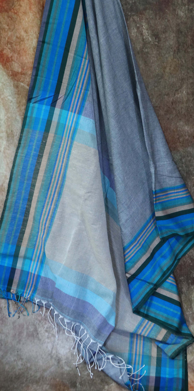 Grey cotton saree, with ikkat silk designer blouse