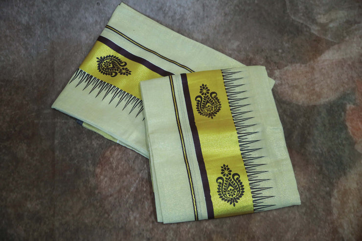 Tissue set mundu with coffee brown print