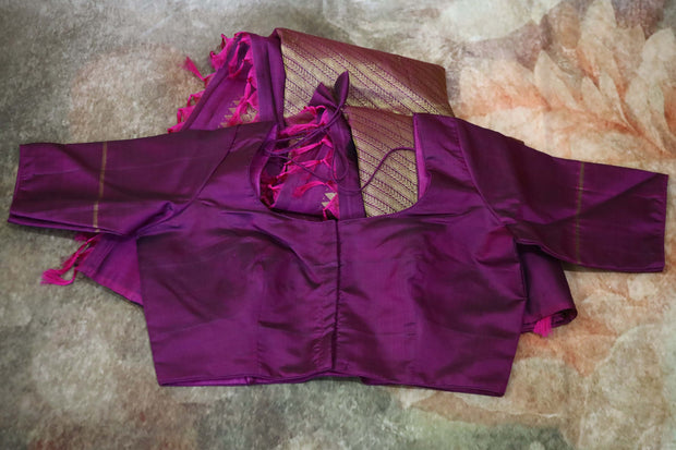 Bottle Green and Wine Red  Kanchivaram Silk Handwoven Saree with Stitched Blouse