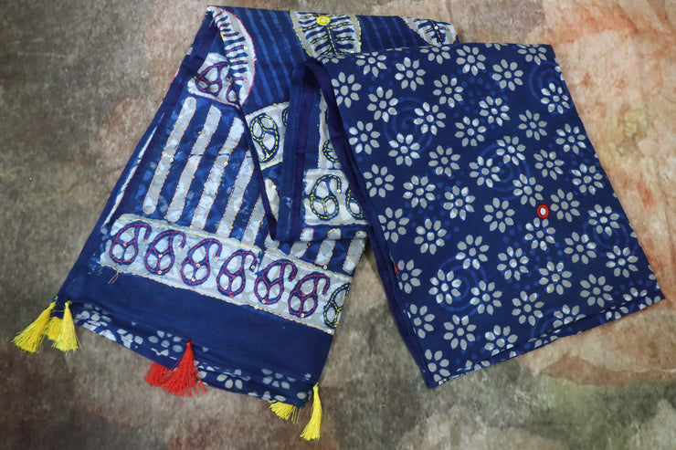 Indigo cotton saree with kantha work, with bp