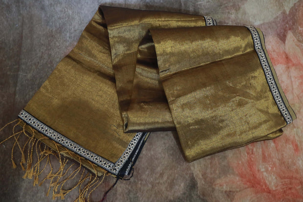 Antique gold Cotton tissue saree with stitched sleeveless blouse
