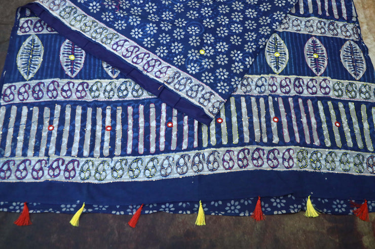 Indigo cotton saree with kantha work, sleeveless blouse
