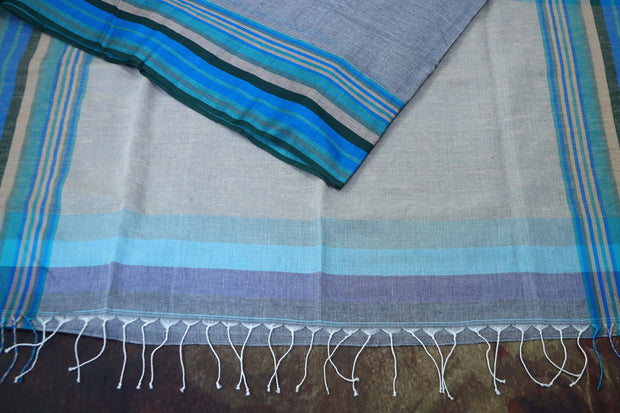 Grey cotton saree, with ikkat silk designer blouse