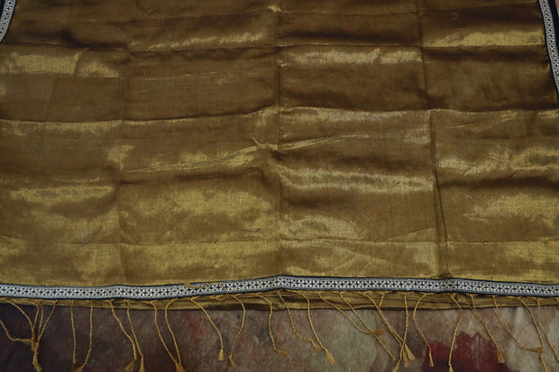 Antique gold Cotton tissue saree with stitched sleeveless blouse