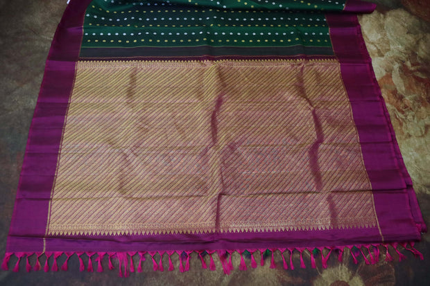 Bottle Green and Wine Red  Kanchivaram Silk Handwoven Saree with Stitched Blouse