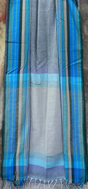 Grey cotton saree, with ikkat silk designer blouse