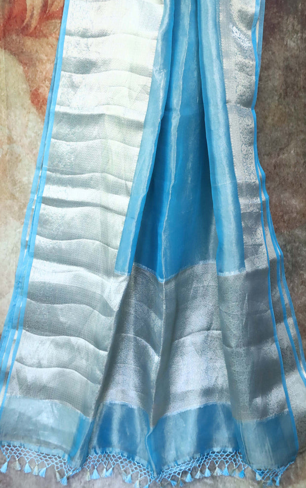 Light blue tissue saree with banarsi border, with stitched blouse